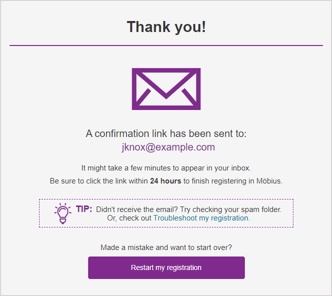 A thank-you message stating that the confirmation link to complete registration has been sent to the user's email that was entered on the registration form.